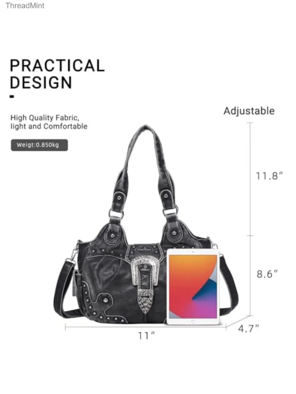 Women's Vegan Leather Hobo Handbag with Metal Studs, Adjustable Crossbody Strap